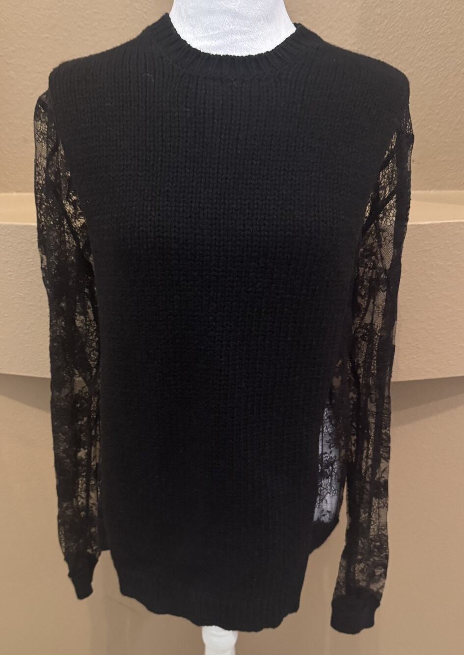 Valentino Black Wool/Cashmere Knit Sweater With Lace Sleeves Size XL